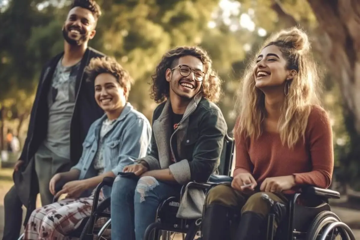 Smiling group of friends, some using wheelchairs, enjoying time outdoors