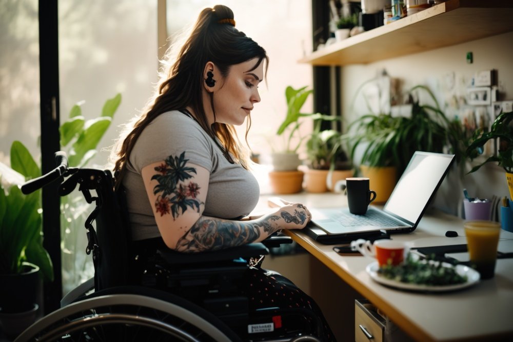 Woman in a wheelchair working